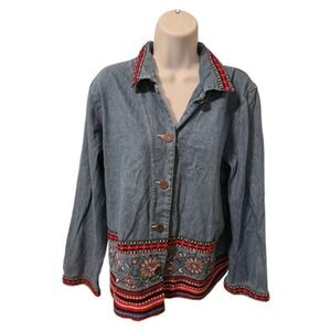 TEDDI Women's Denim Top Large Floral Buttons‎ Embroidered Jean Jacket